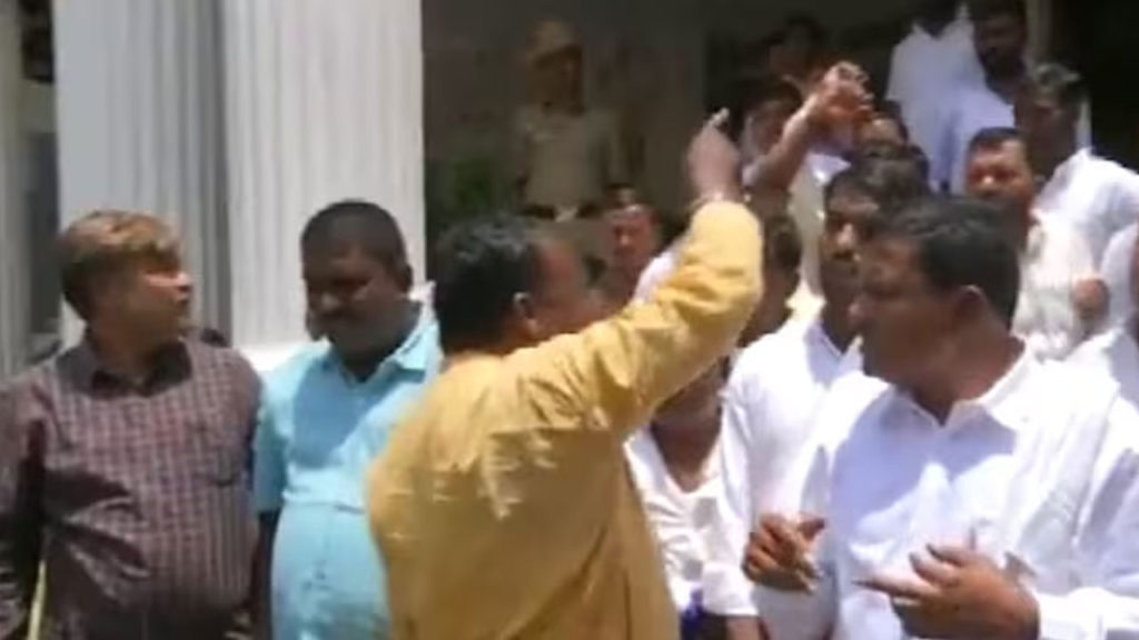 Congress MLA Rudrappa Lamani supporters protest outside party office in Bengaluru