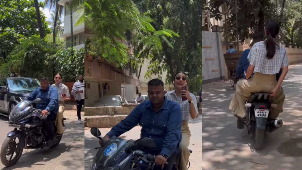 Anushka Sharma going on bike to shooting in mumbai traffic