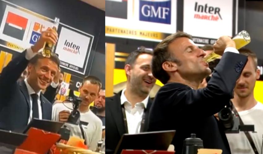 France President Macron drinks a beer