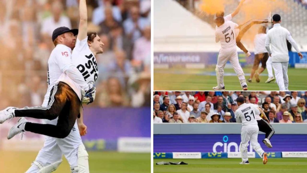Jonny Bairstow carries protestor