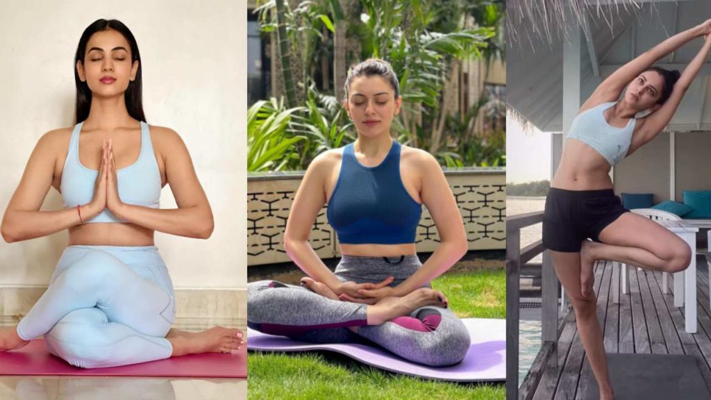 Rakul Preet Singh Hansika Motwani Sonal Chauhan yoga day photos