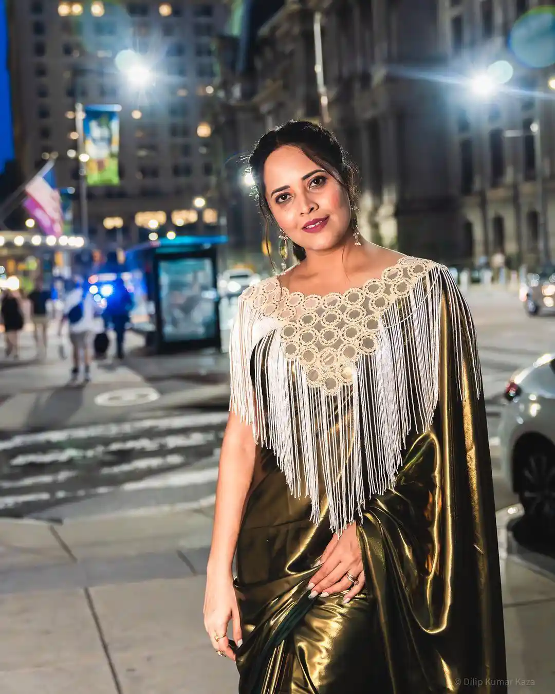 Anchor Anasuya Shines in Golden Saree at America