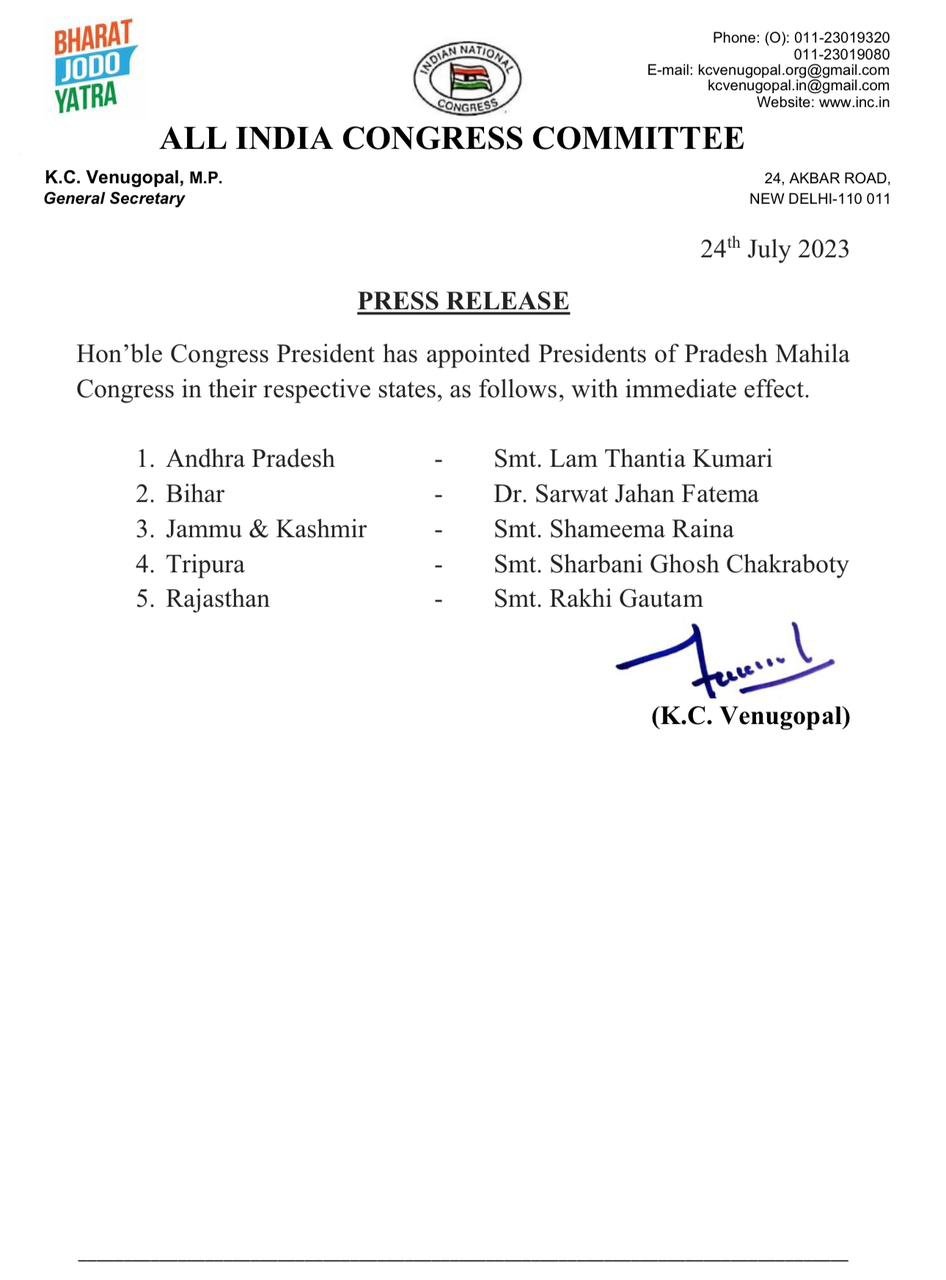  Presidents of Pradesh Mahila Congress in their respective states