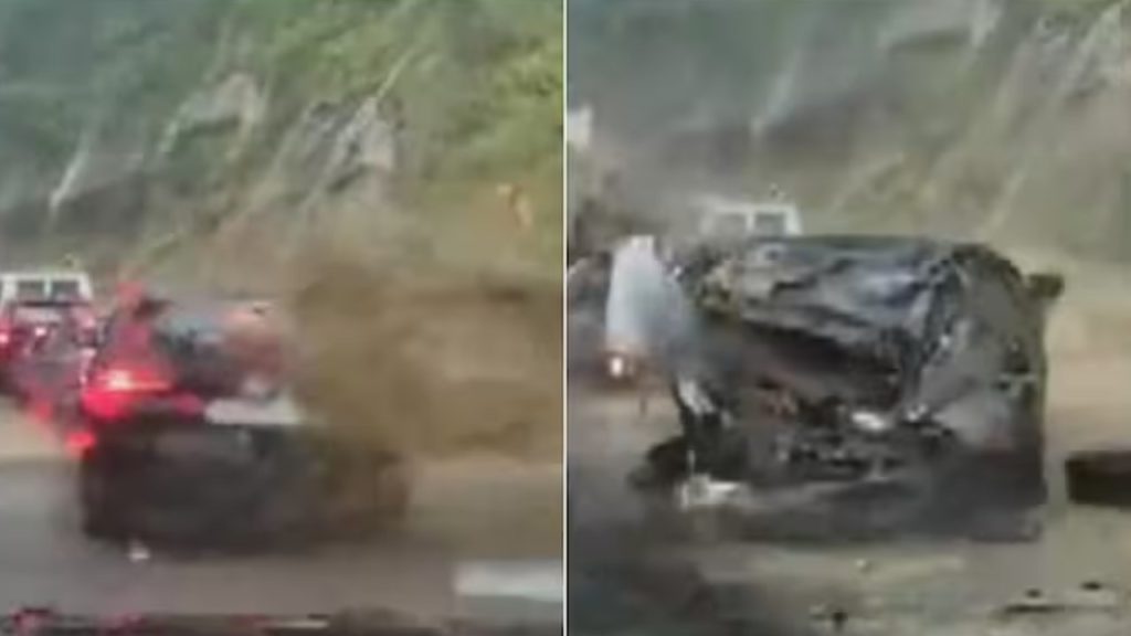 Massive rock crushes cars during landslide
