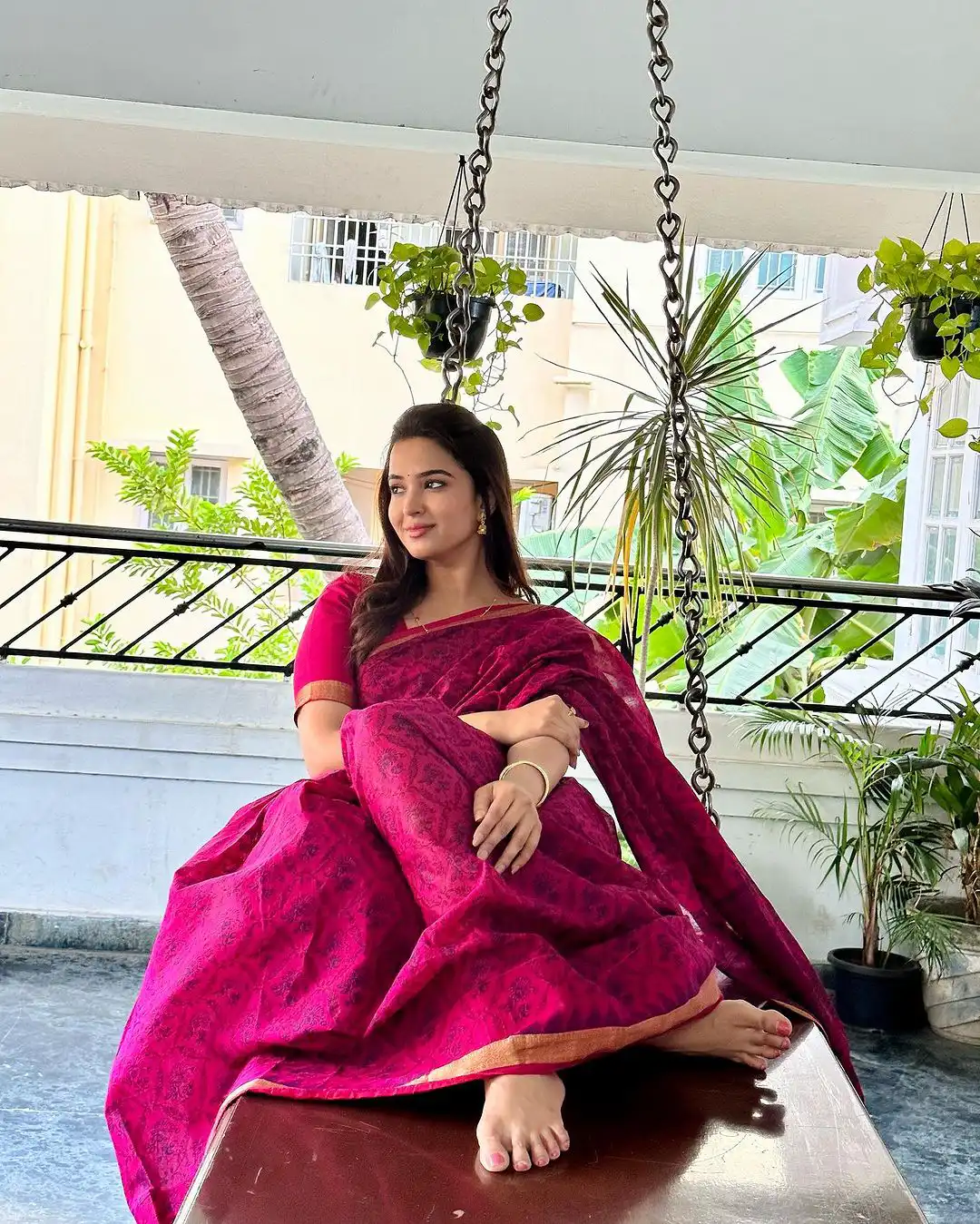 Pujita Ponnada poses on Swing Cradle at her Home