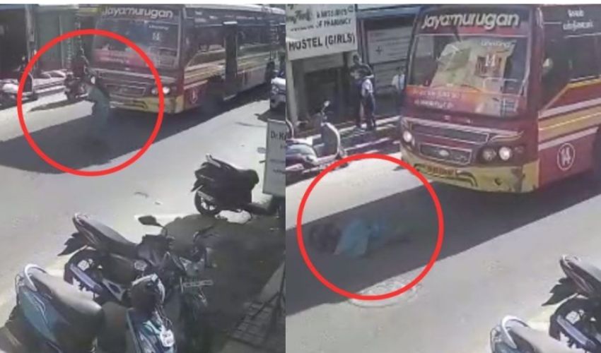 Woman jumping moving bus