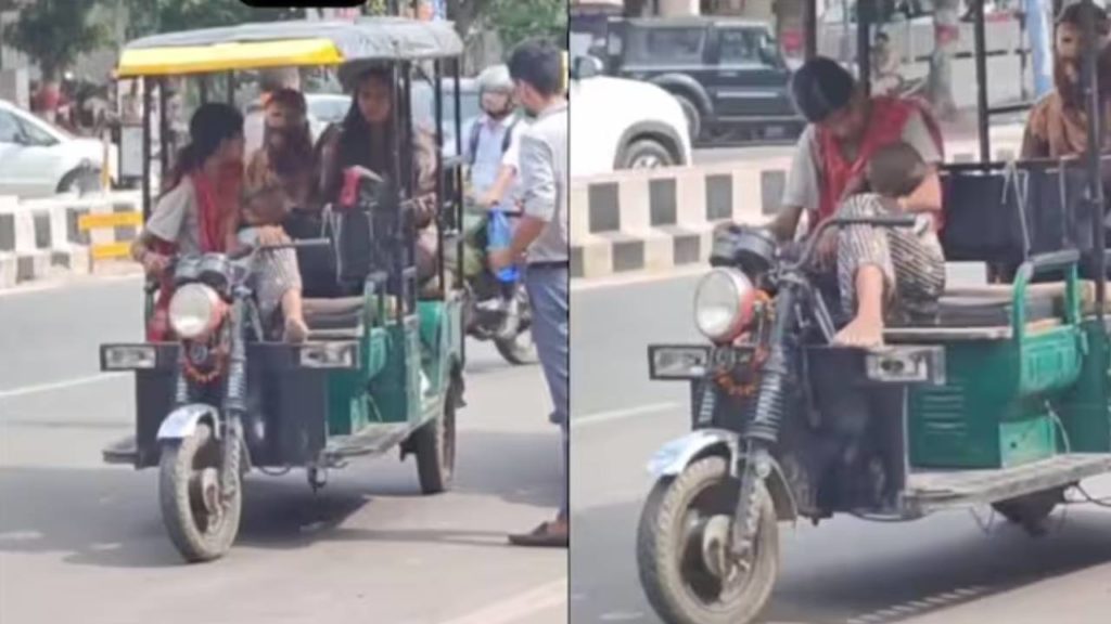 woman driving rickshaw with toddler