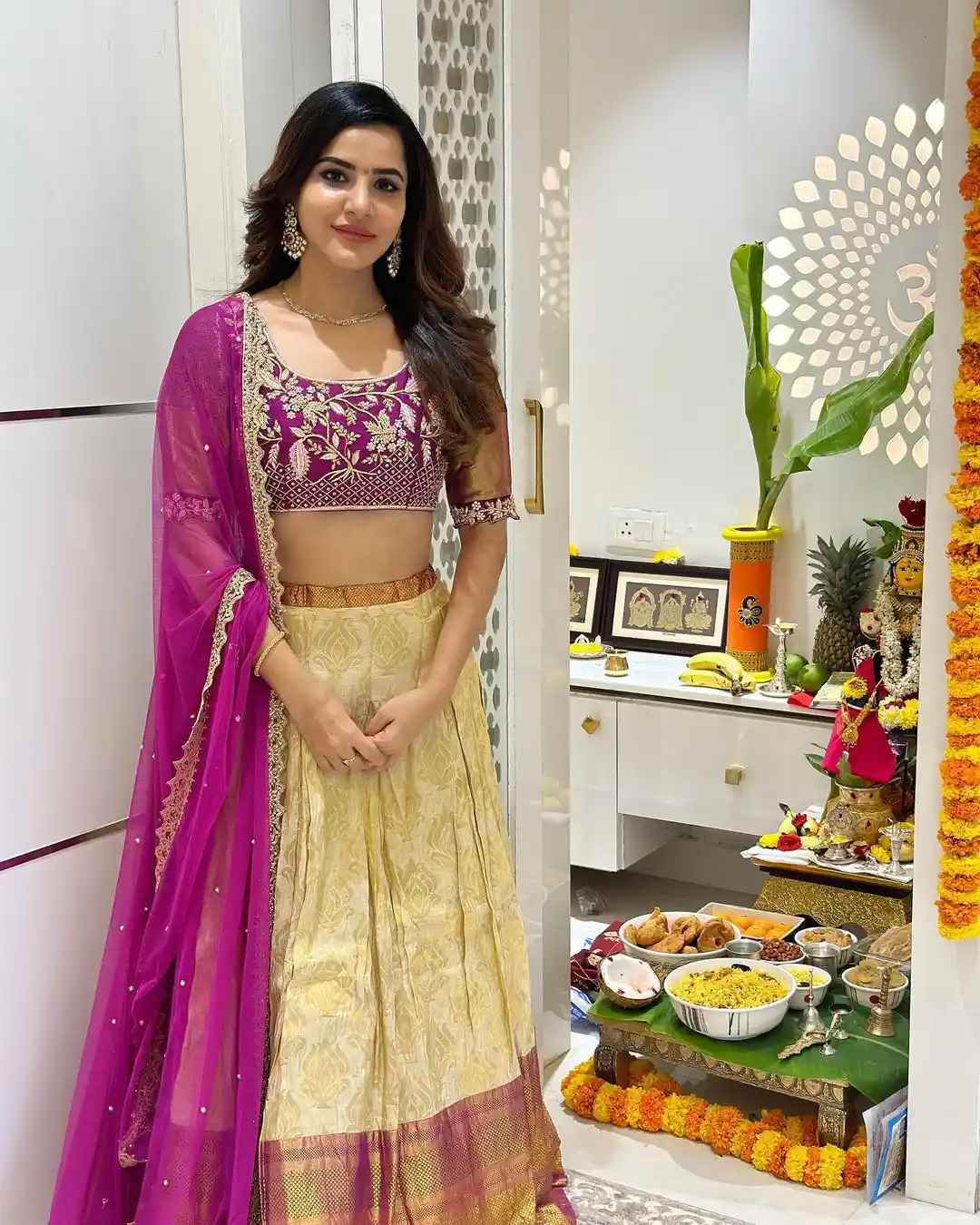 Ashu Reddy Shines in Gaghra Choli Dress on Varalakshmi Vratham Day