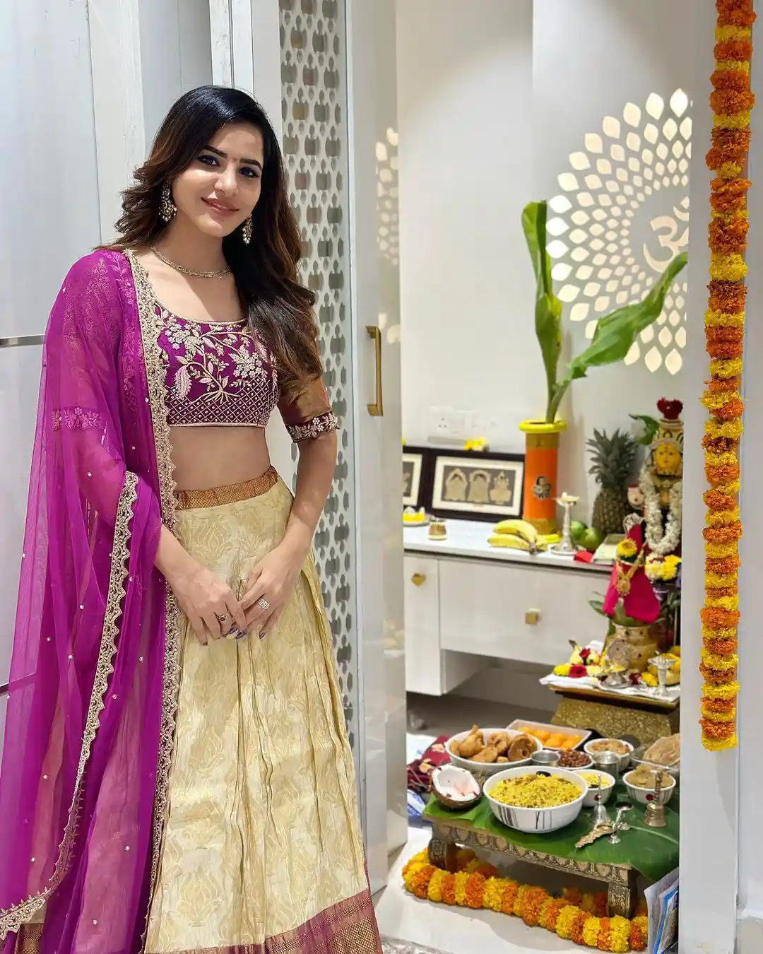 Ashu Reddy Shines in Gaghra Choli Dress on Varalakshmi Vratham Day