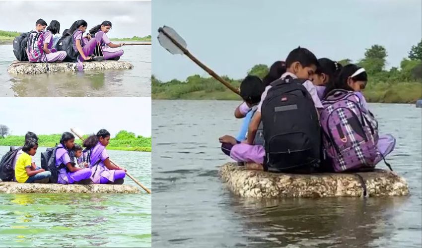 Thermocol Raft : థర్మాకోల్ తెప్పపై ప్రయాణం, నదిలో పాములతో పోరాడుతూ స్కూల్ కెళుతున్న పిల్లలు Thermocol Raft : థర్మాకోల్ తెప్పపై ప్రయాణం, నదిలో పాములతో పోరాడుతూ స్కూల్ కెళుతున్న పిల్లలు