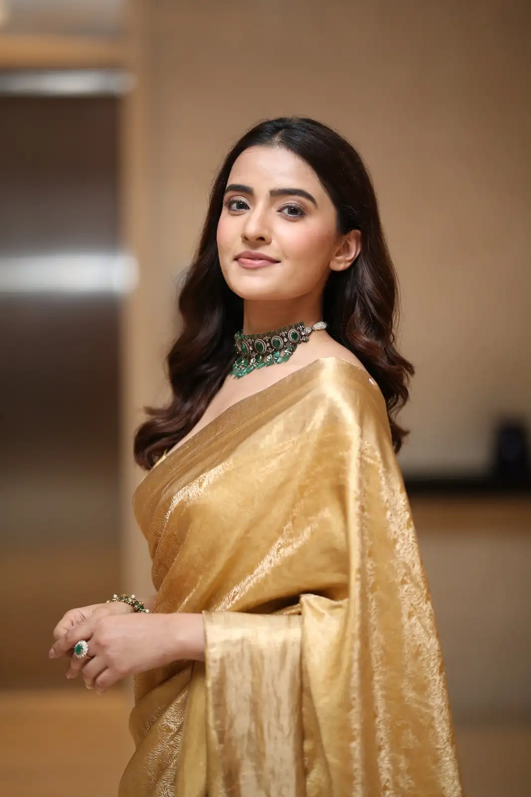 Rukshaar Dhillon Shines in Gold color Saree