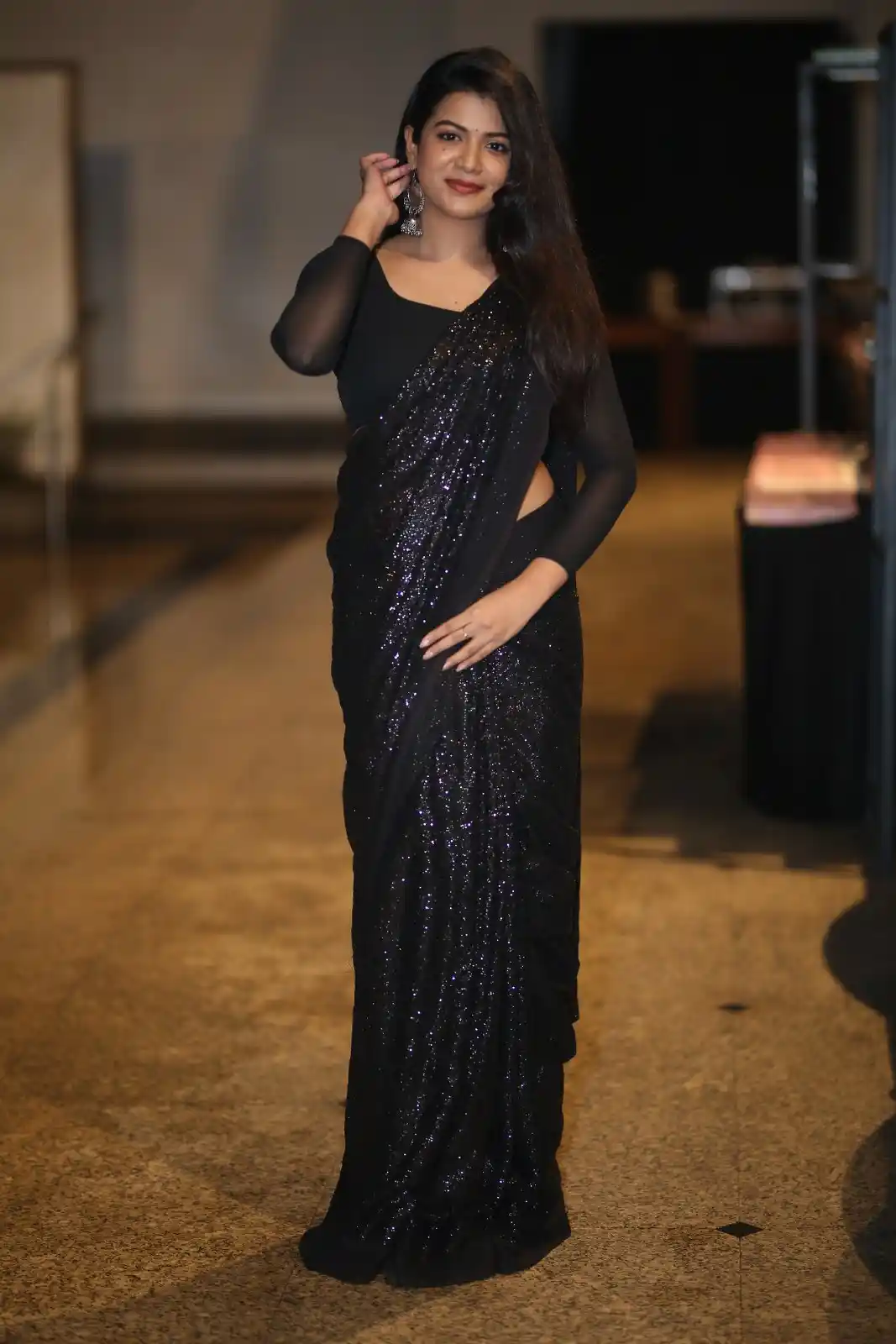 Goldie Nissy Shines in Black Saree at Changure Bangaru Raja Pre Release event