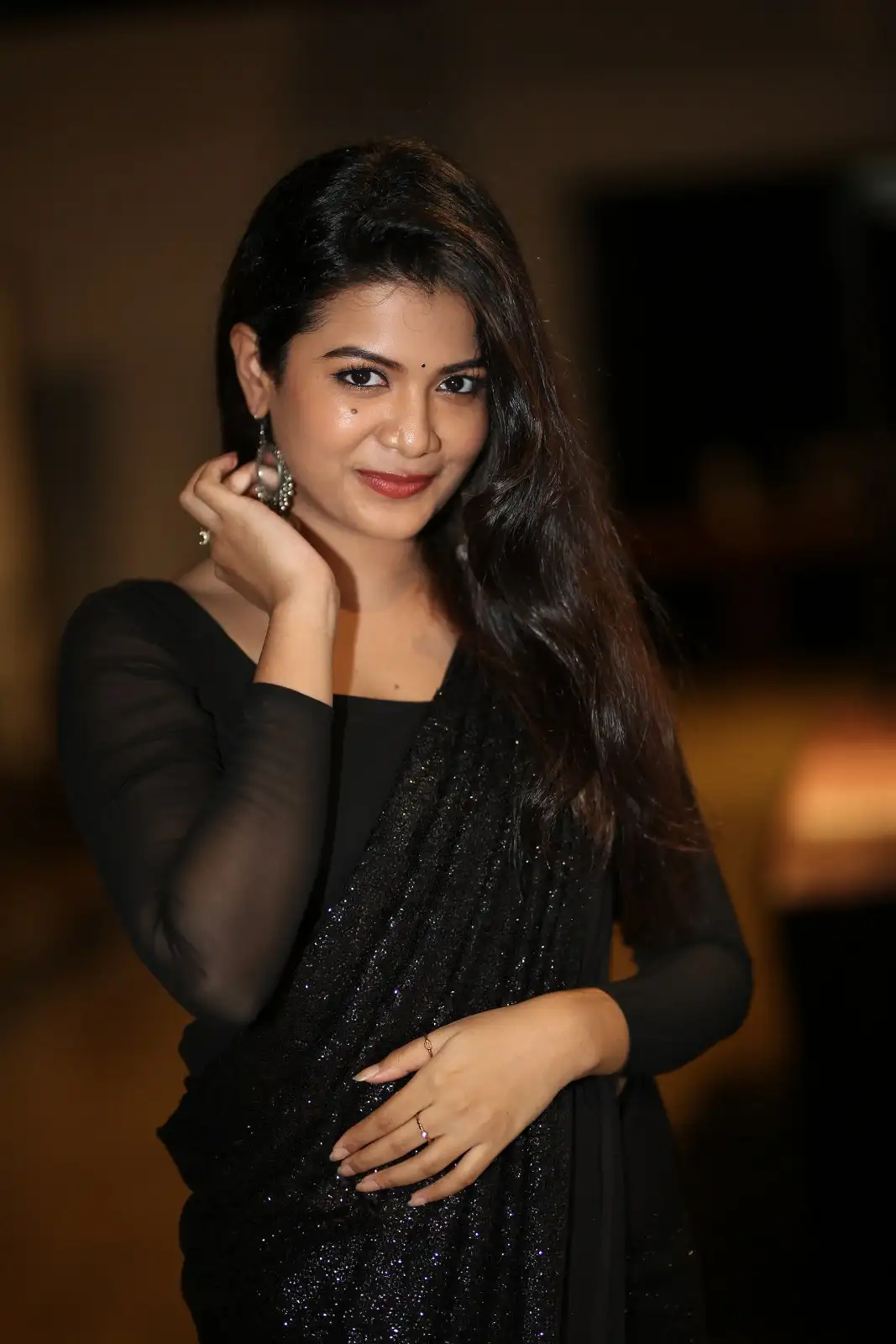 Goldie Nissy Shines in Black Saree at Changure Bangaru Raja Pre Release event