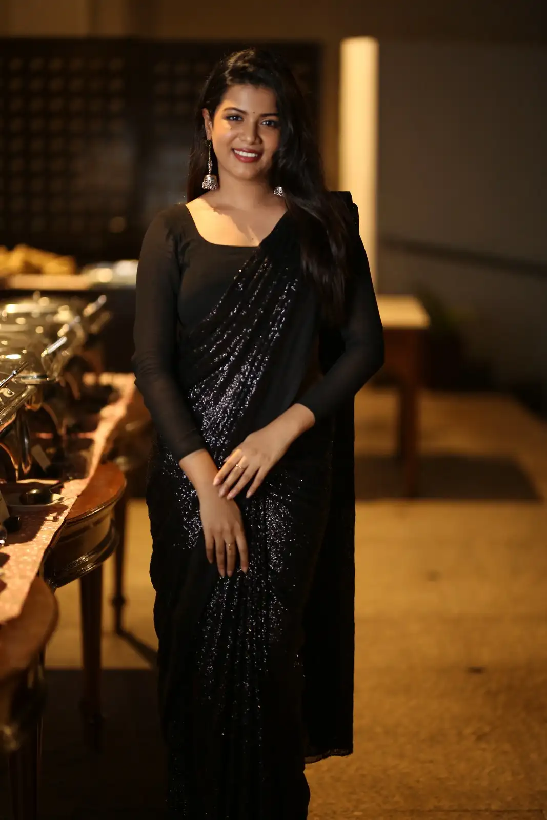 Goldie Nissy Shines in Black Saree at Changure Bangaru Raja Pre Release event