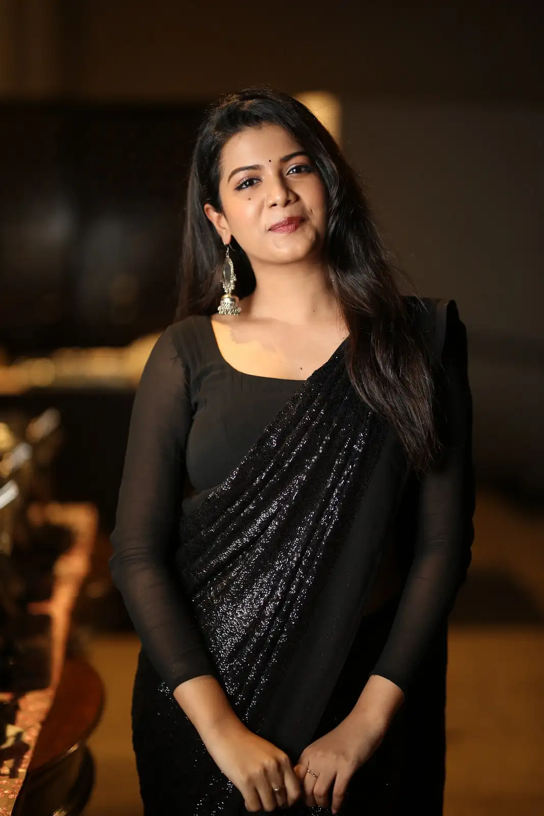 Goldie Nissy Shines in Black Saree at Changure Bangaru Raja Pre Release event