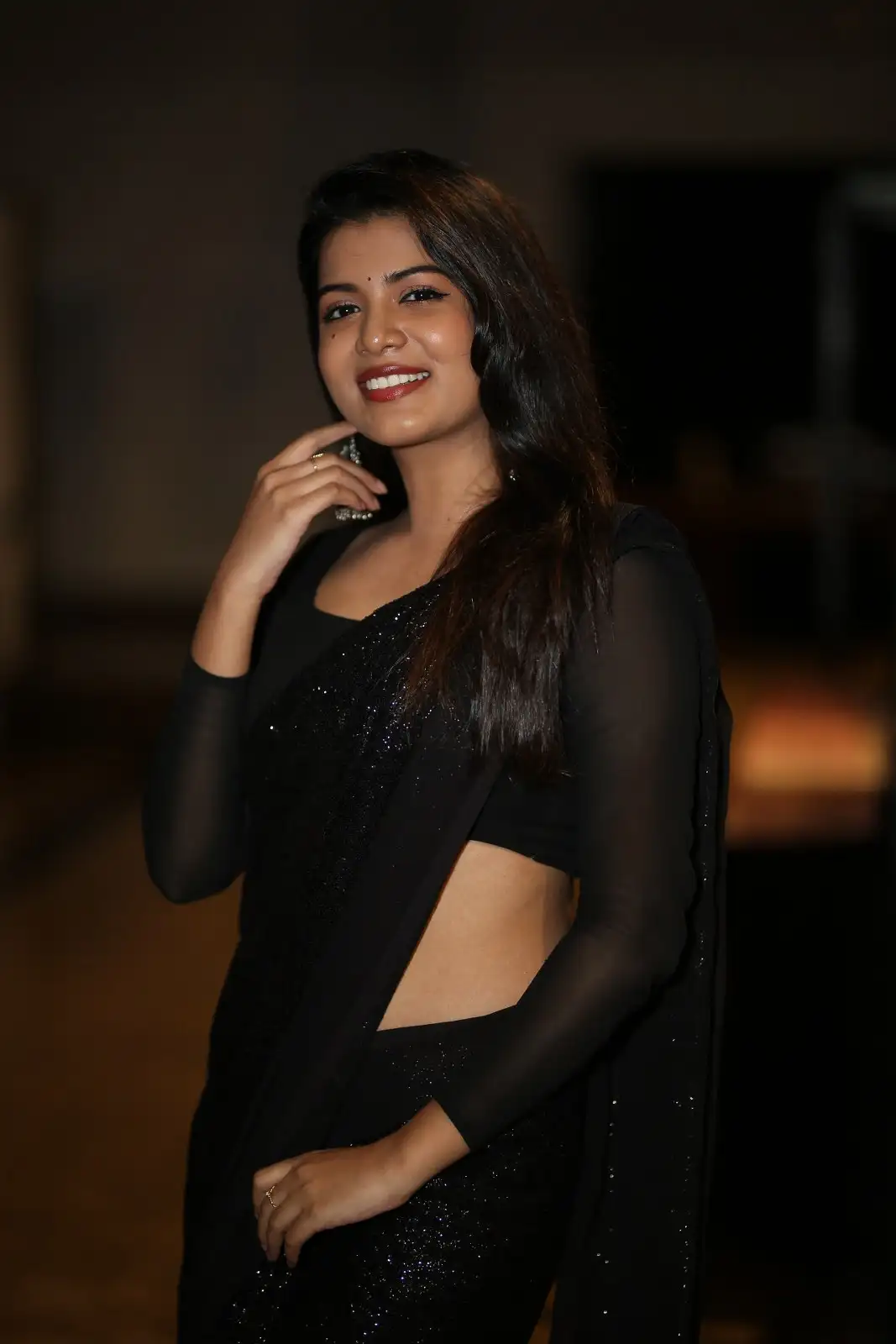 Goldie Nissy Shines in Black Saree at Changure Bangaru Raja Pre Release event