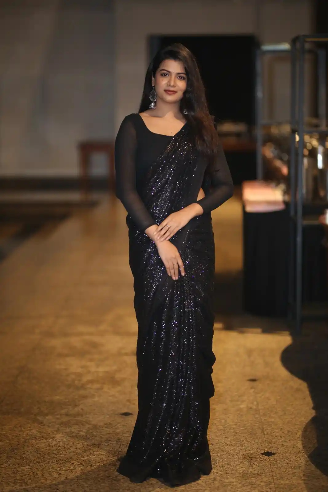 Goldie Nissy Shines in Black Saree at Changure Bangaru Raja Pre Release event