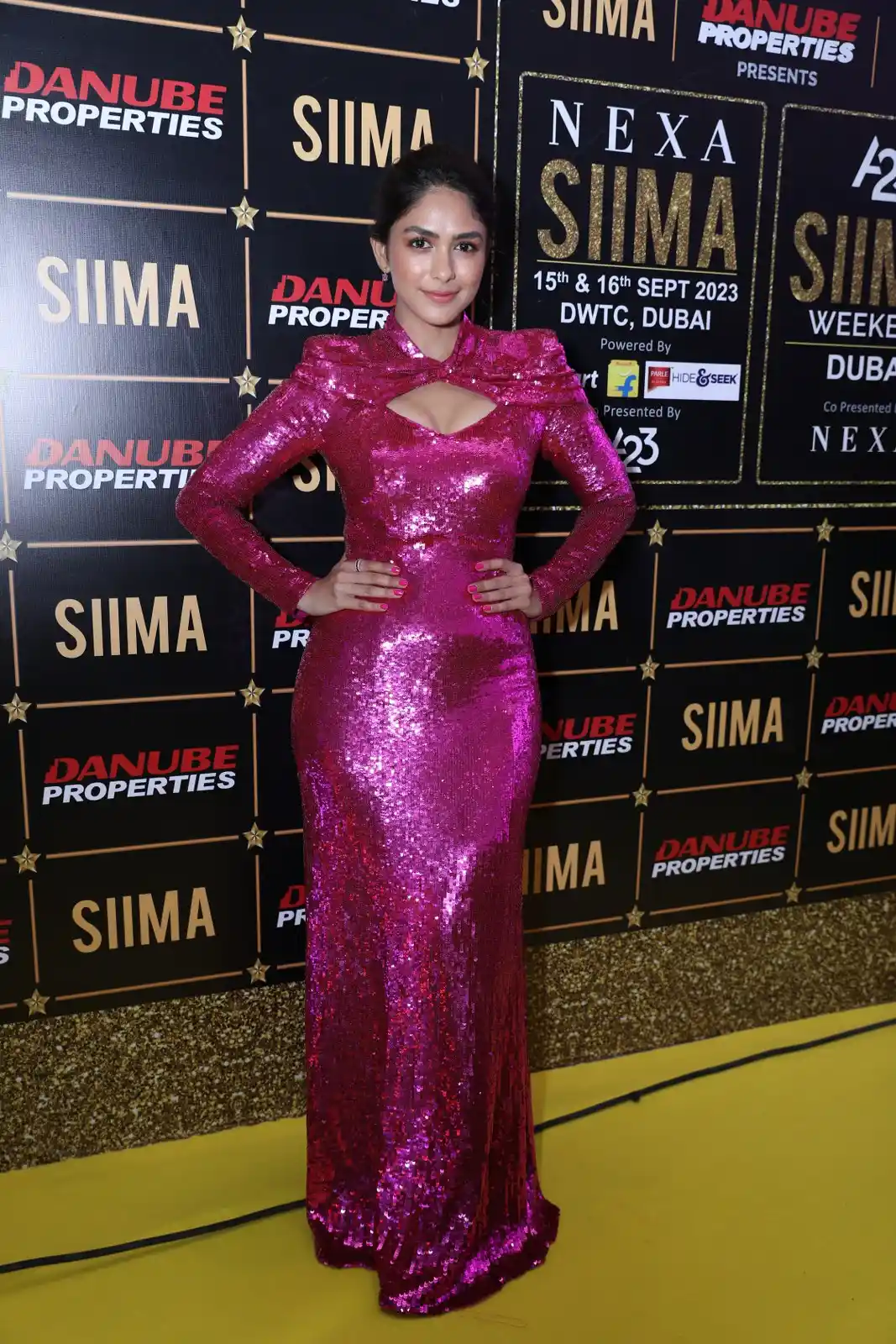 Mrunal Thakur Poses in Tight Fit Dress at SIIMA Awards Event in Dubai