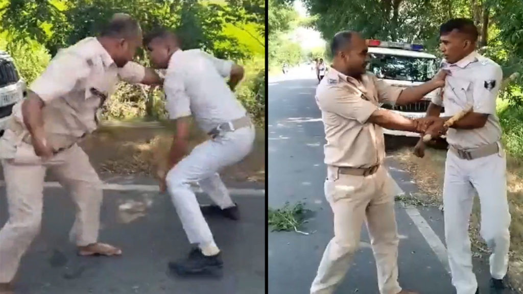 Internal dispute among police personnel in bihar captured on video fighting eachother