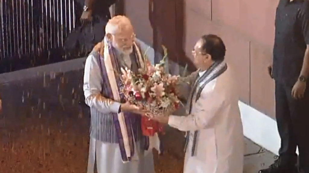 Prime Minister Narendra Modi arrives at BJP headquarters in Delhi welcomed by top leaders of the party
