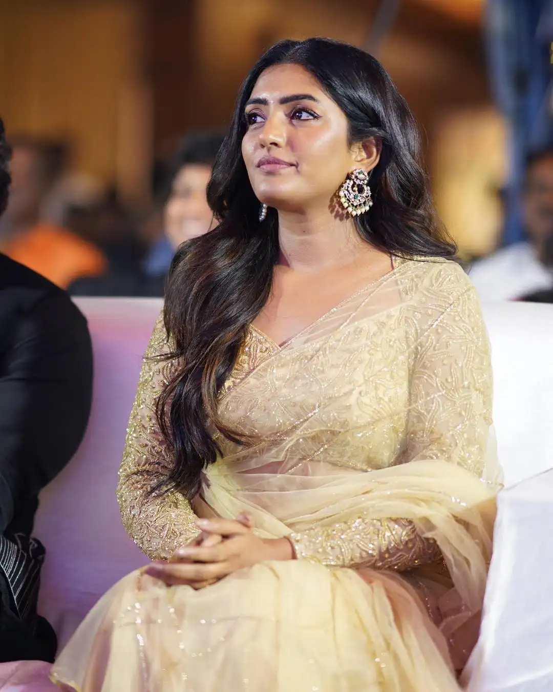 Eesha Rebba Shines in Saree at Maama Mascheendra Movie Pre Release Event