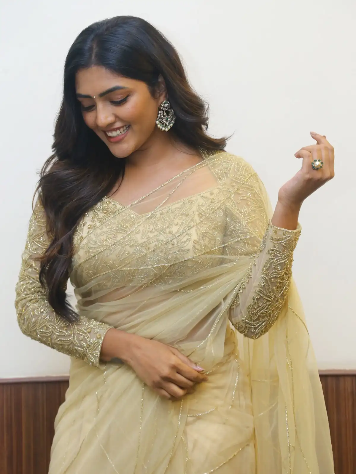 Eesha Rebba Shines in Saree at Maama Mascheendra Movie Pre Release Event