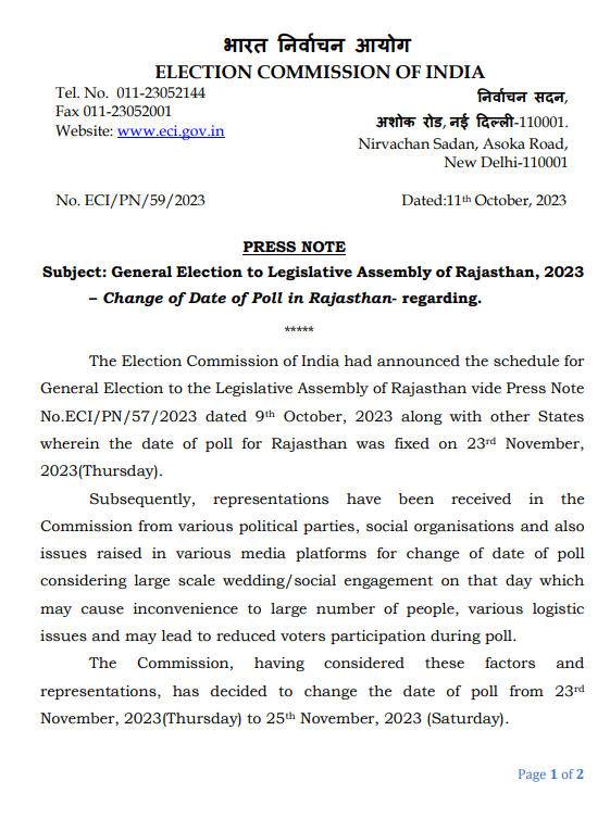 ECI changes the date of Assembly poll in Rajasthan 