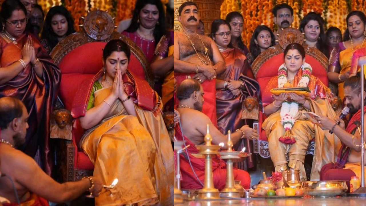 Kushboo Sundar : నారీ పూజ.. విష్ణు మాయ ఆలయంలో కుష్బూకి పూజలు చేసిన పూజారులు..