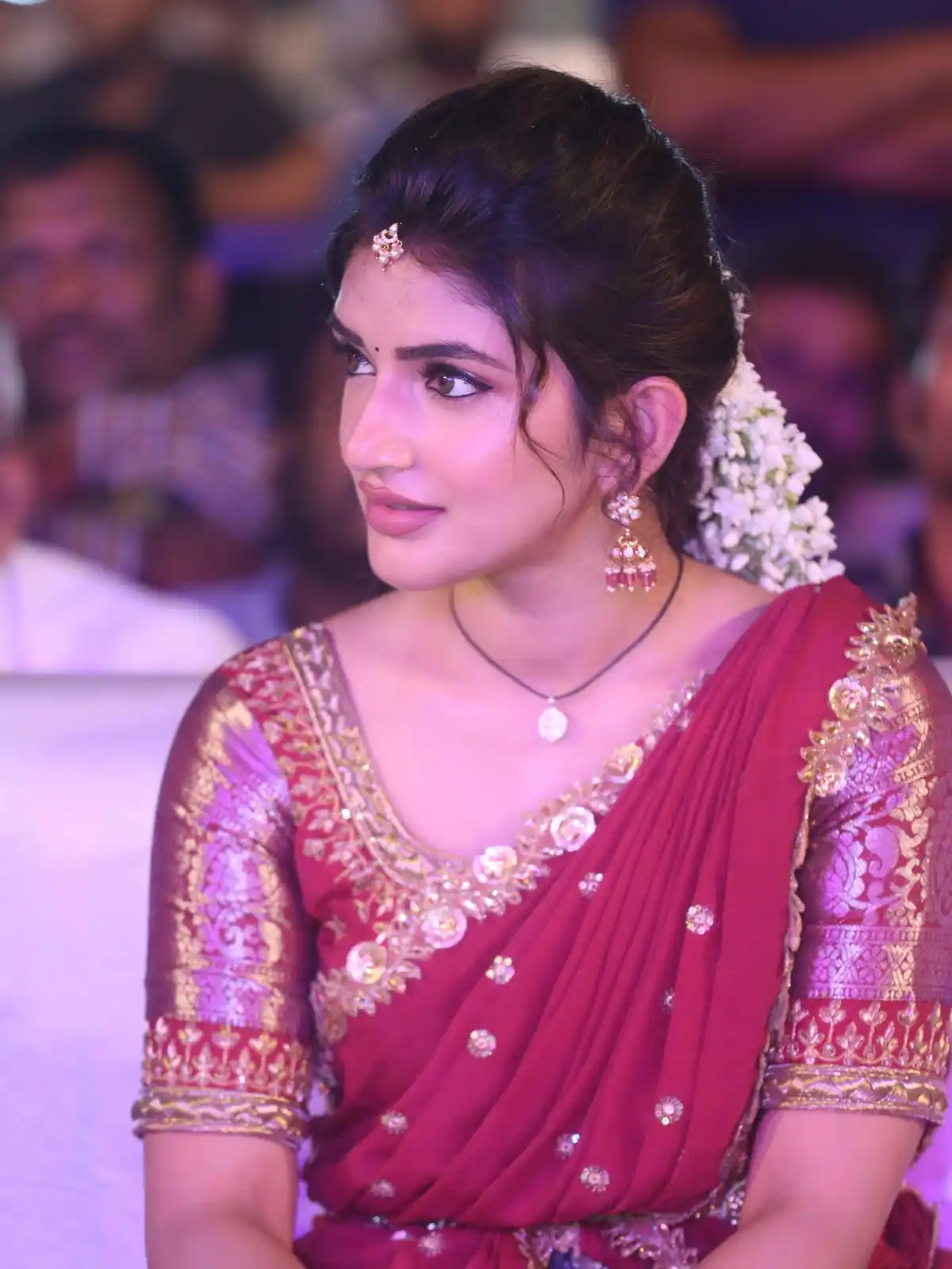 Sreeleela Cute Photos in Half Saree at Bhagavanth Kesari Trailer Launch Event