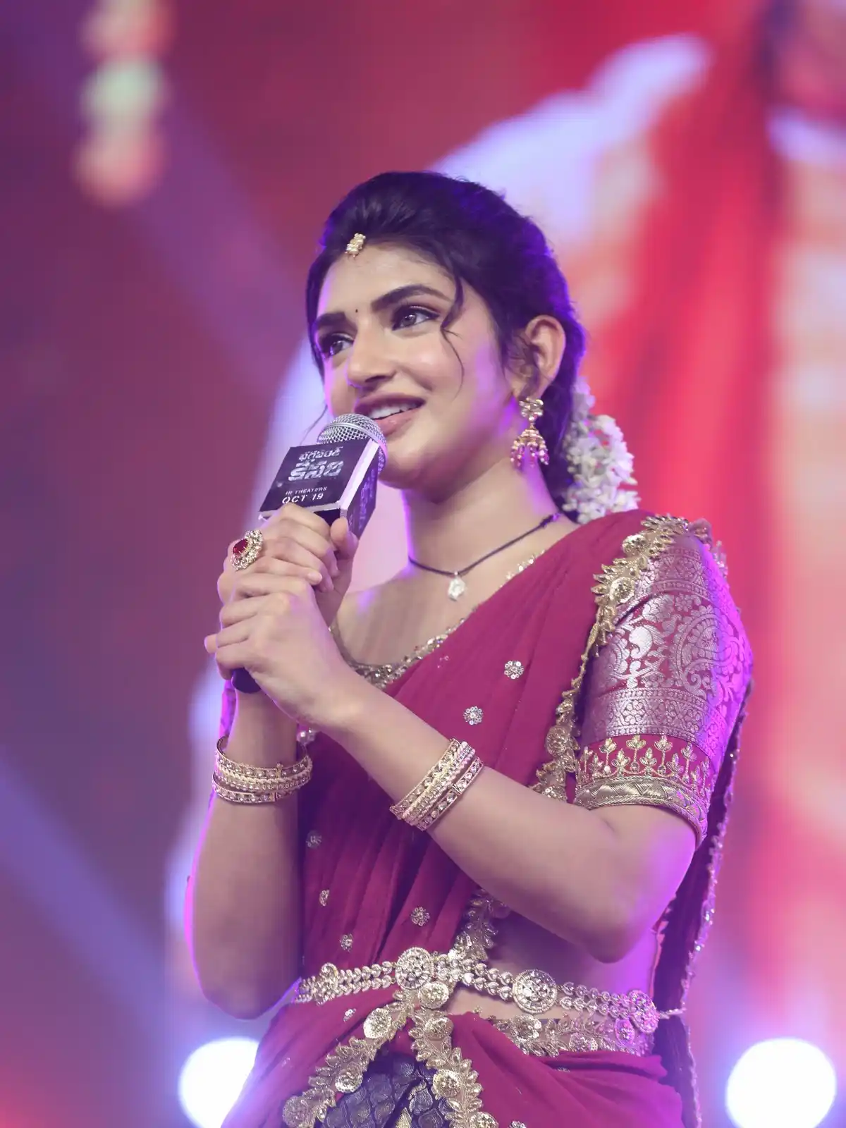 Sreeleela Cute Photos in Half Saree at Bhagavanth Kesari Trailer Launch Event
