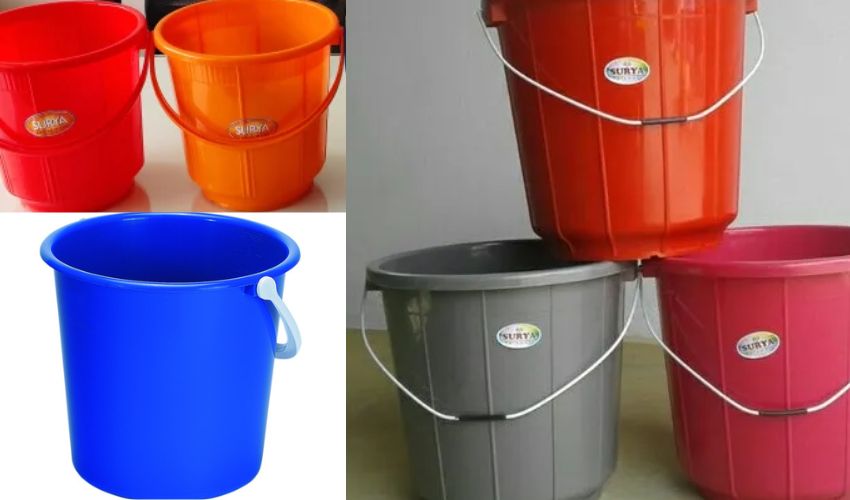 plastic buckets in bathroom