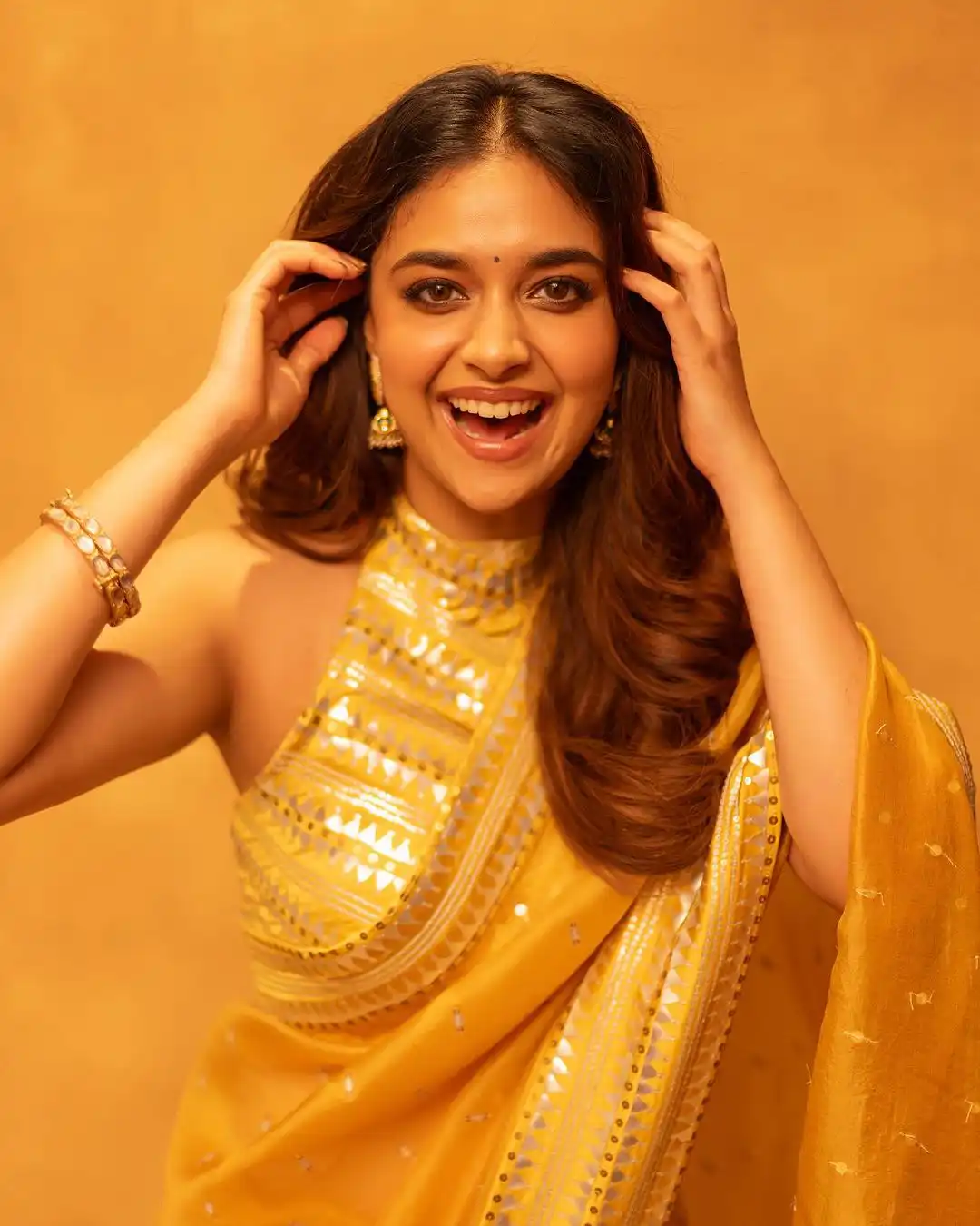 Keerthy Suresh Stunning Looks in Golden Color Saree for Diwali
