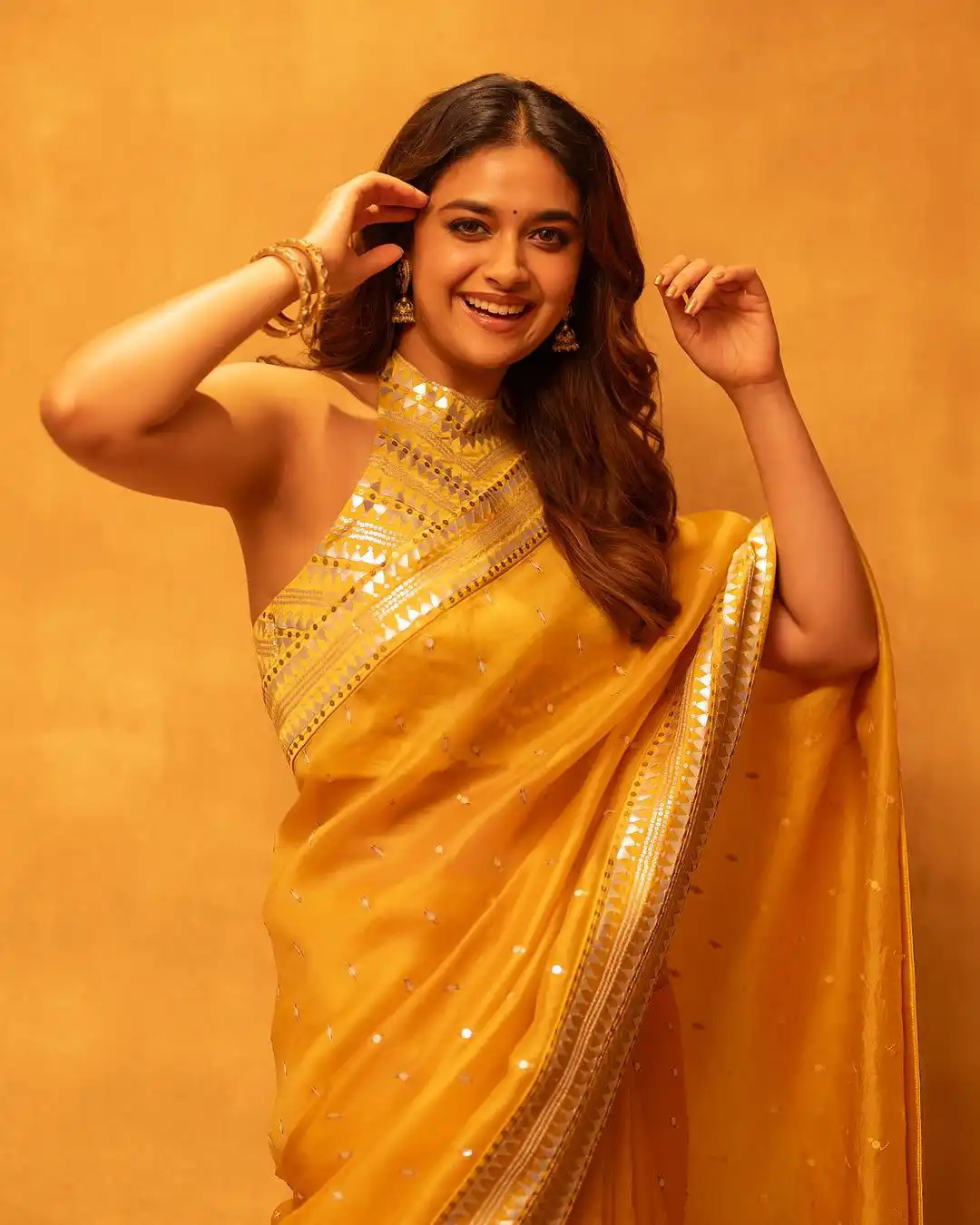 Keerthy Suresh Stunning Looks in Golden Color Saree for Diwali