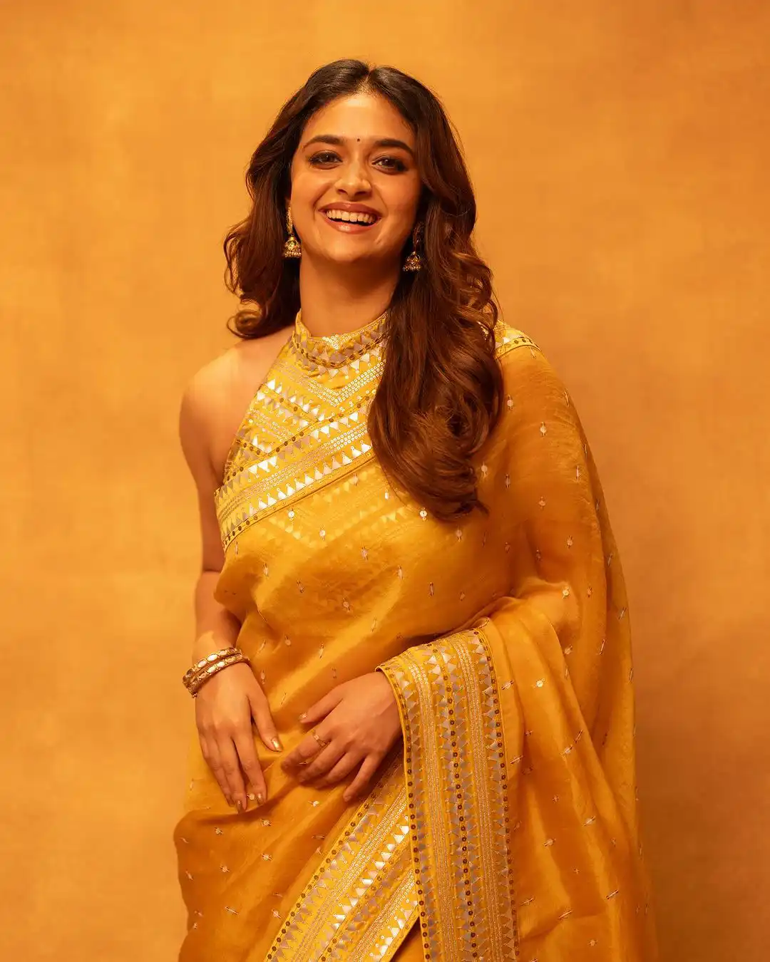 Keerthy Suresh Stunning Looks in Golden Color Saree for Diwali