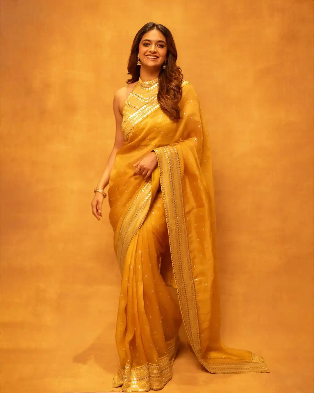 Keerthy Suresh Stunning Looks in Golden Color Saree for Diwali