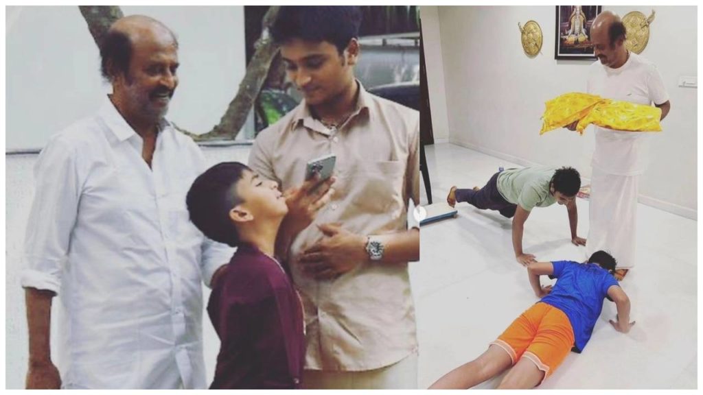 Rajinikanth with his daughters and grand sons in diwali bash