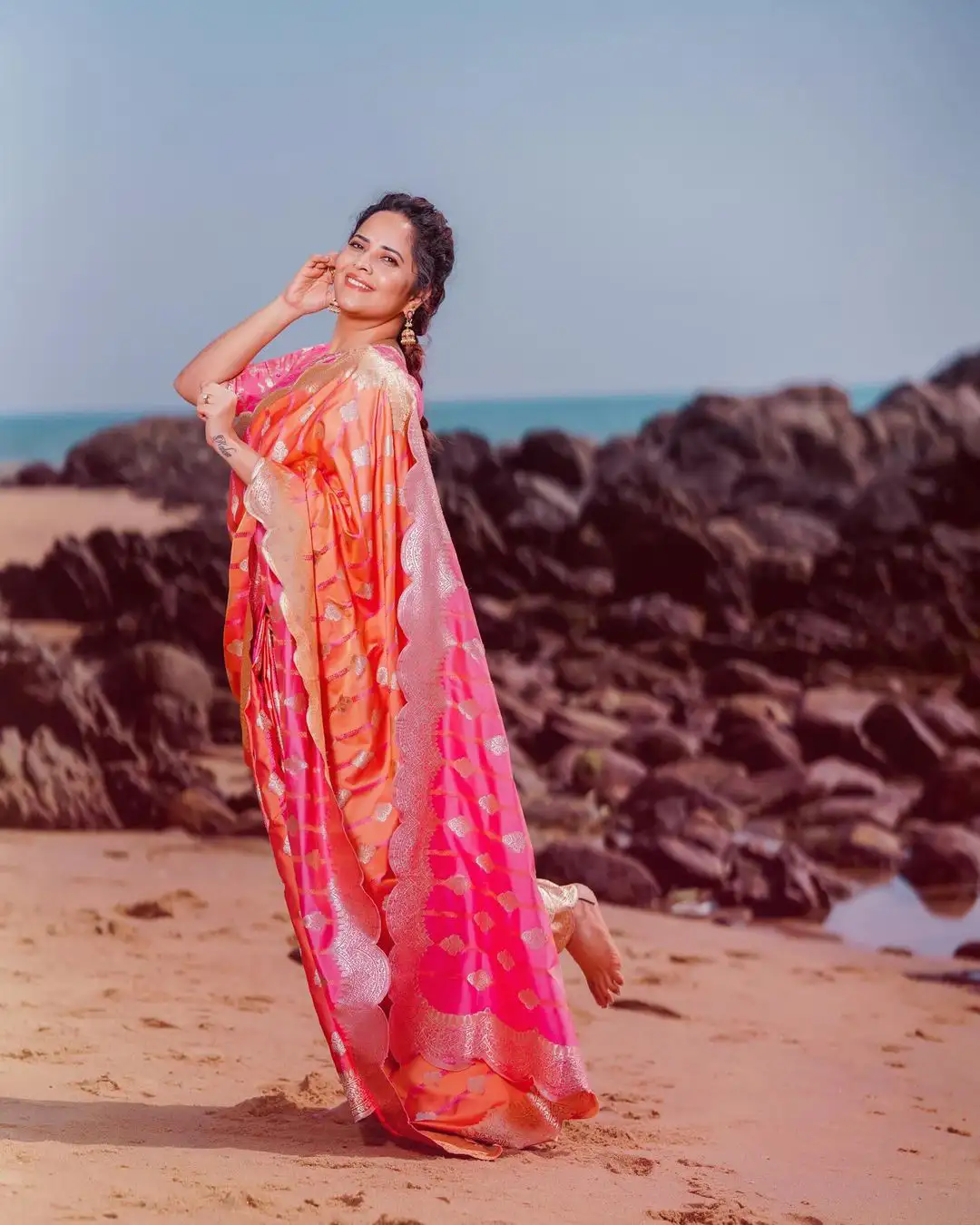 Anasuya Bharadwaj Saree Photos at Beach