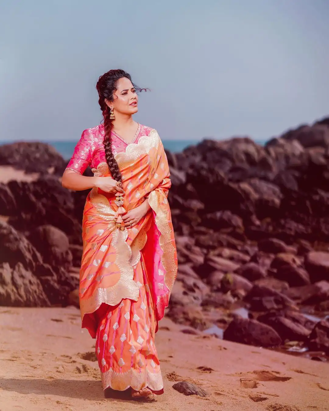 Anasuya Bharadwaj Saree Photos at Beach