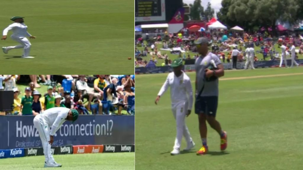 Temba Bavuma walks off after limping on the field due to injury