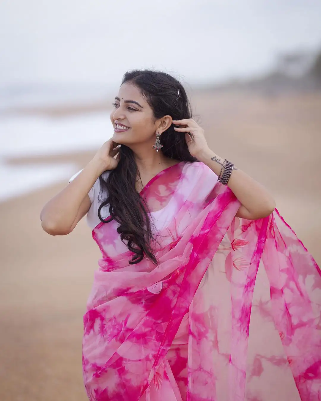Ananya Nagalla Cute Photos in Saree at Beach