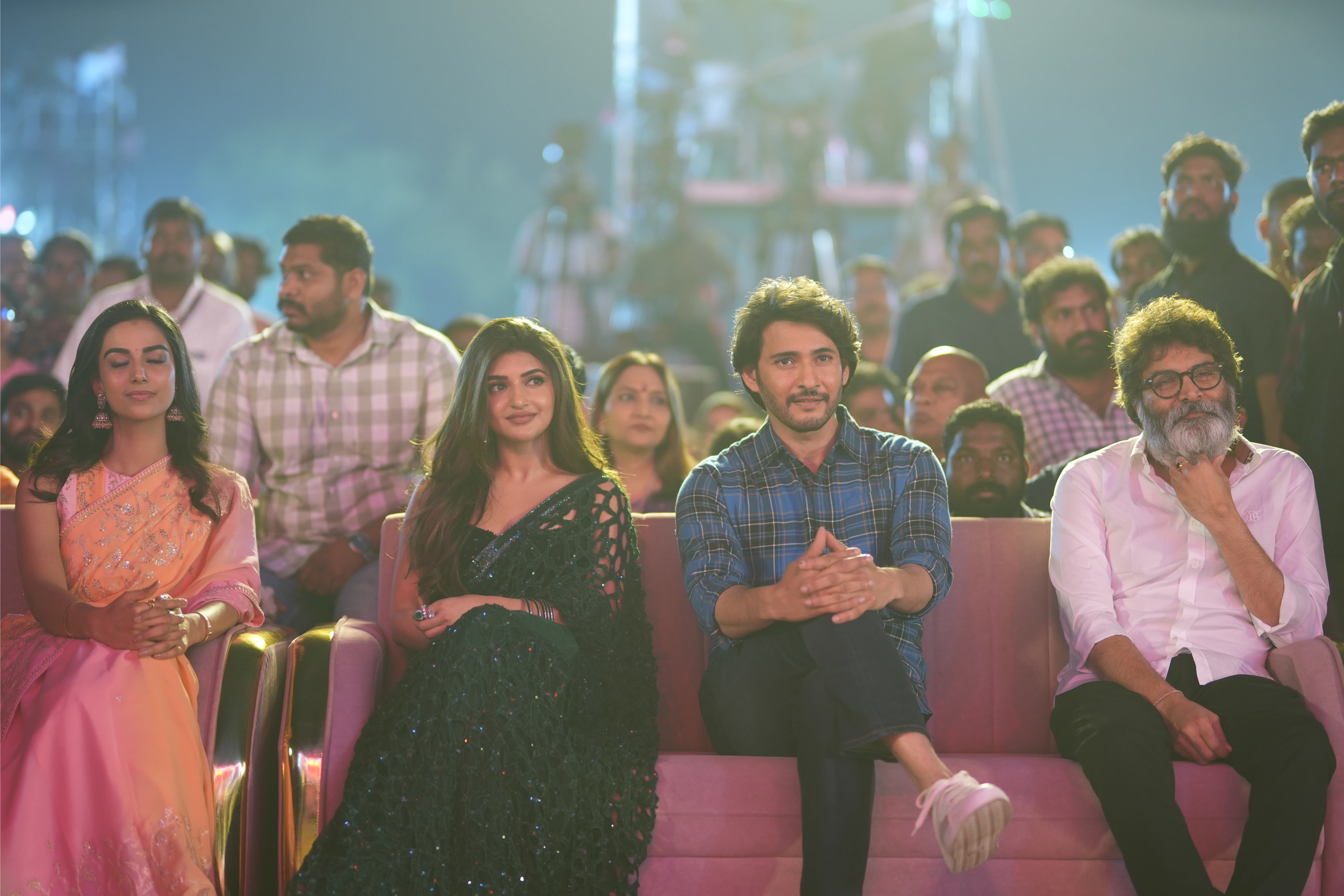 Mahesh Babu Sreeleela Meenakshi Chaudhary Photos at Guntur Kaaram pre release event