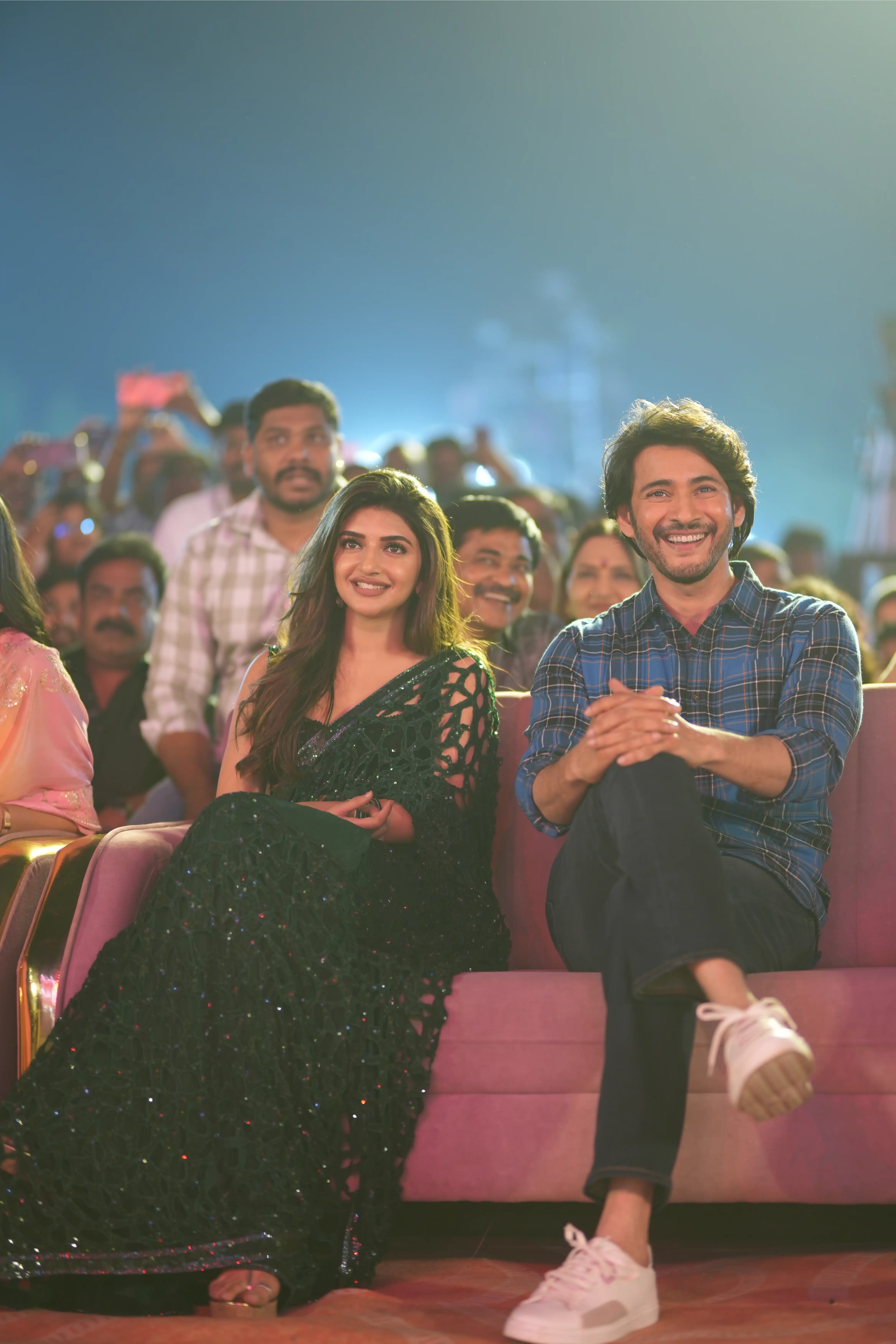 Mahesh Babu Sreeleela Meenakshi Chaudhary Photos at Guntur Kaaram pre release event