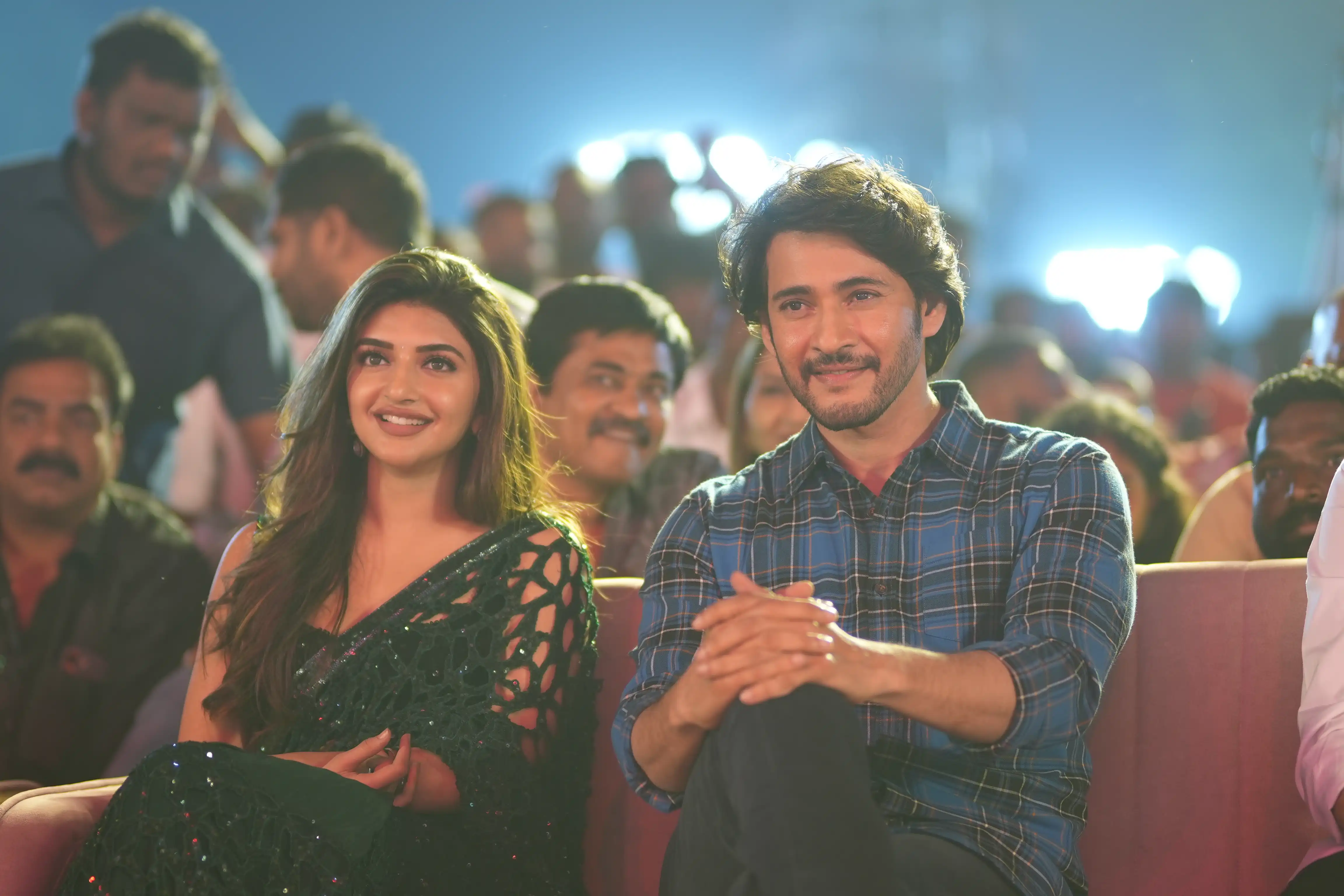 Mahesh Babu Sreeleela Meenakshi Chaudhary Photos at Guntur Kaaram pre release event