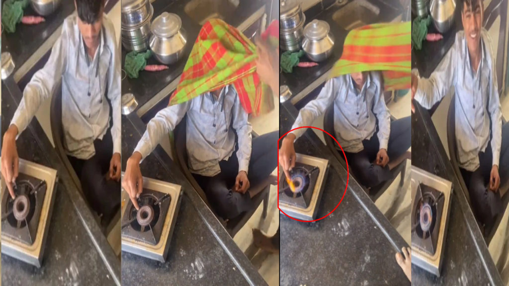Guy igniting gas stove by generating static energy