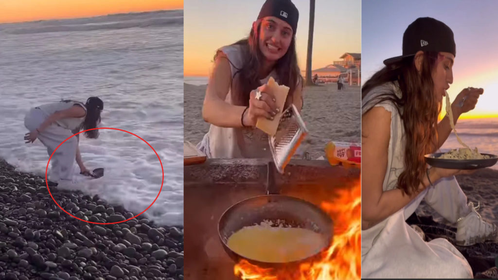 Woman Uses Ocean Water To Cook Pasta On The Beach