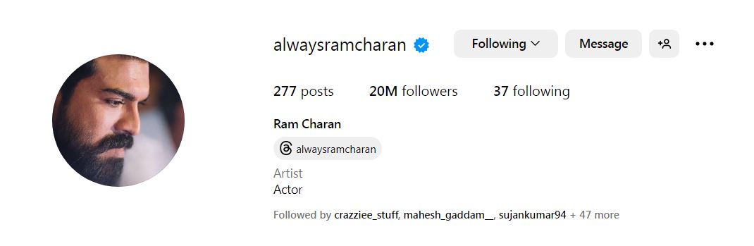 Ram Charan beat Allu Arjun Vijay Deverakonda with 20M followers