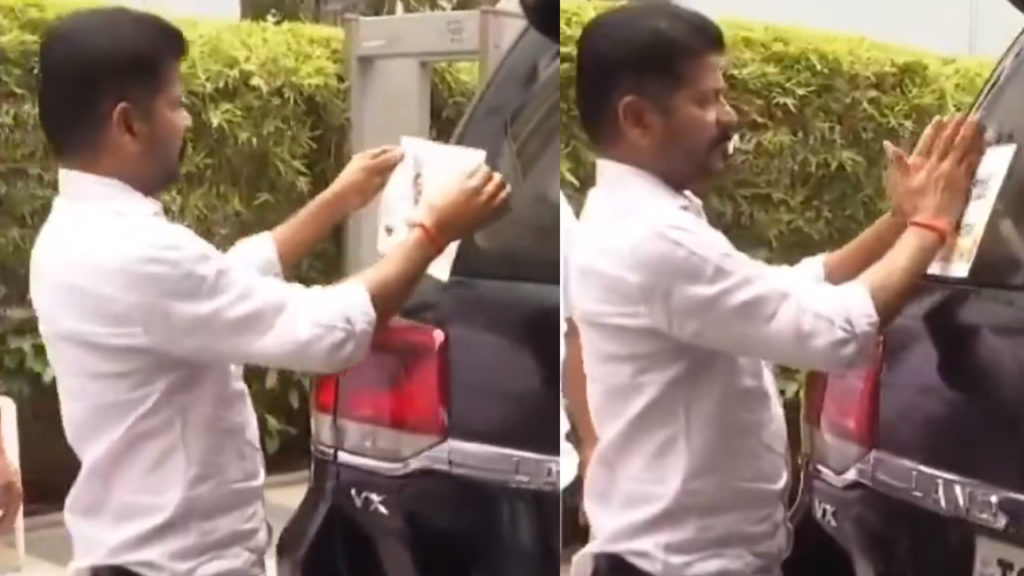 CM Revanth reddy pasted Bharat Jodo Nyay Yatra poster on his car