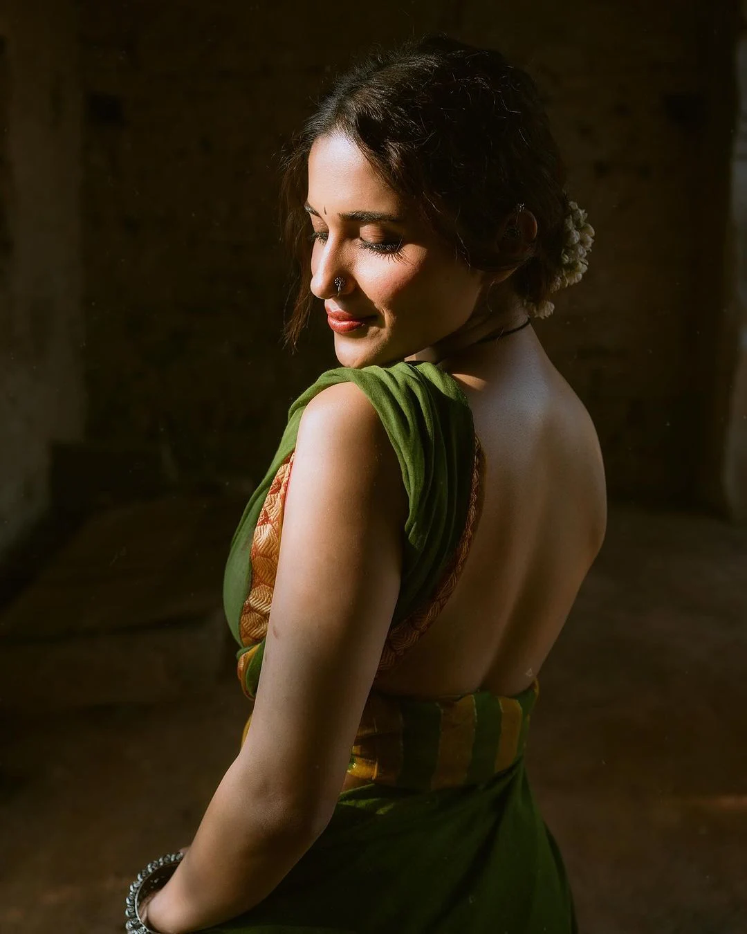 Ruhani Sharma Stunning Back Less Photos with Village Girl Looks