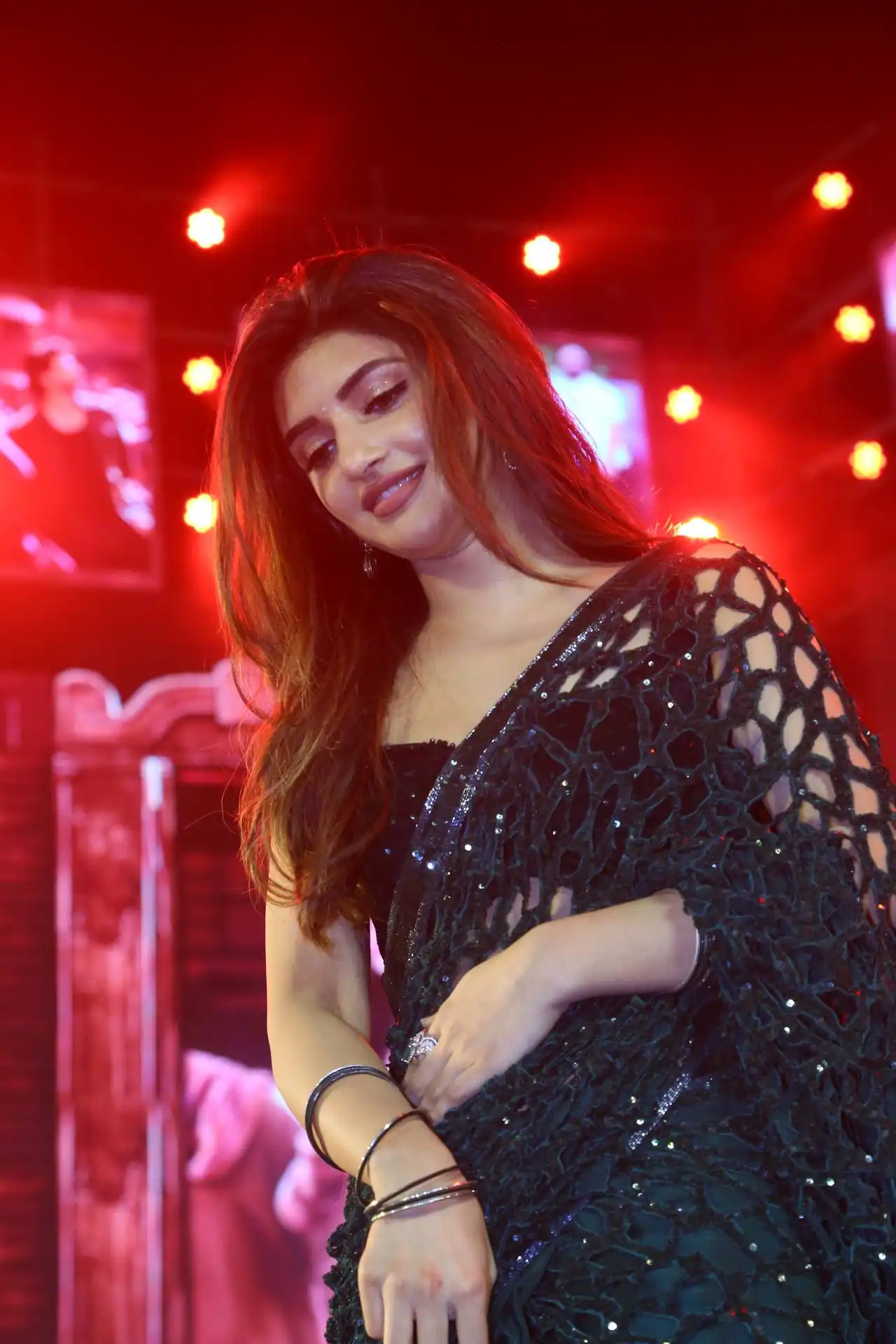 Sreeleela Mesmerizing Looks in Black Saree at Guntur Kaaram Pre Release Event