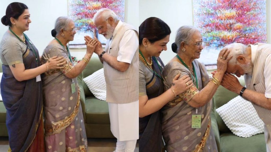 PM Narendra Modi take blessings from Kushboo Sundar mother in law Deivanai Chidambaram Pillai